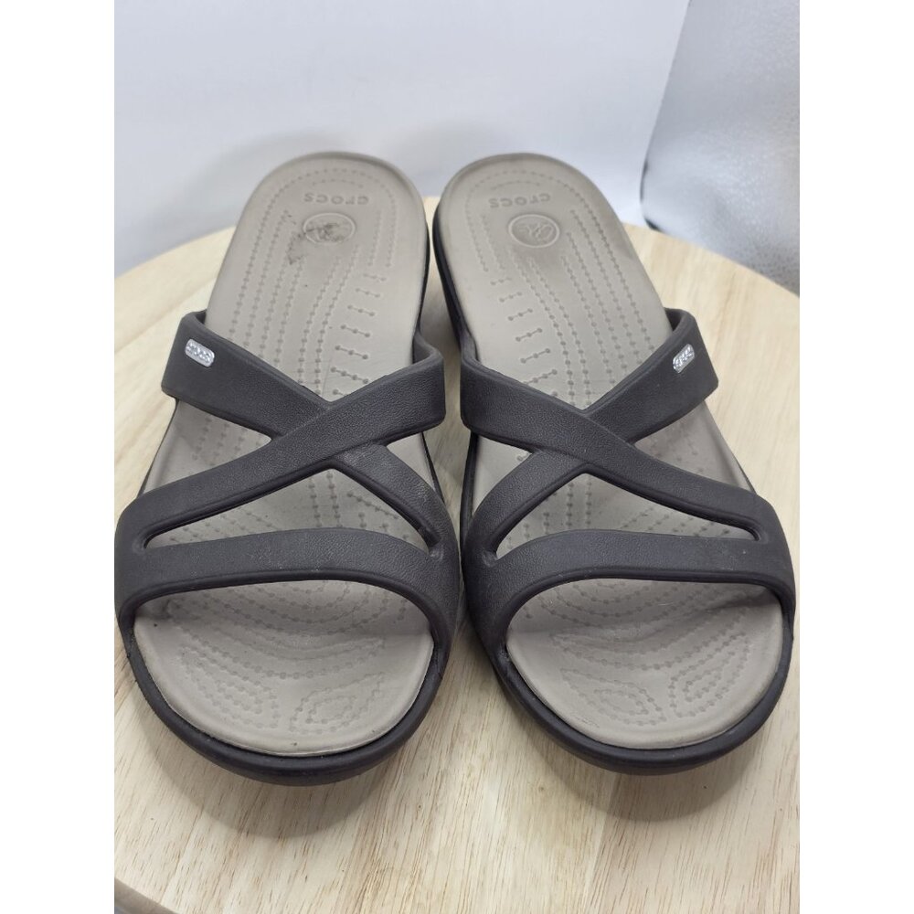 CROCS Patricia II Womens Size 11 Brown/Tan Criss Cross Low Wedge Sandals - Picture 2 of 9